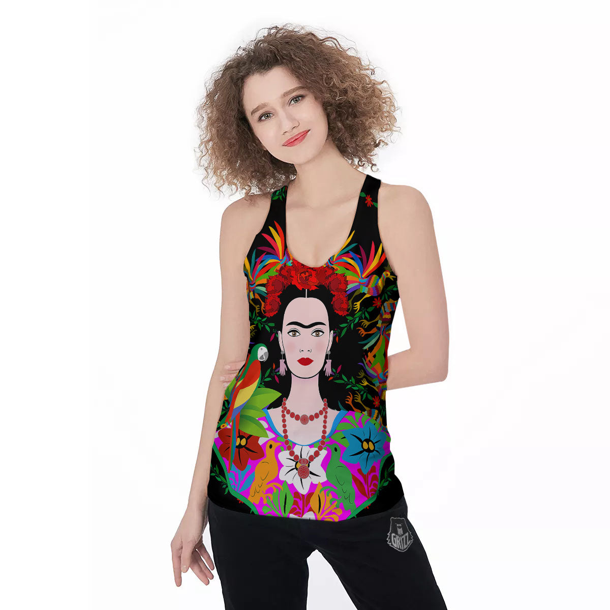 Floral And Frida Kahlo Print Women's Racerback Tank Top-grizzshop