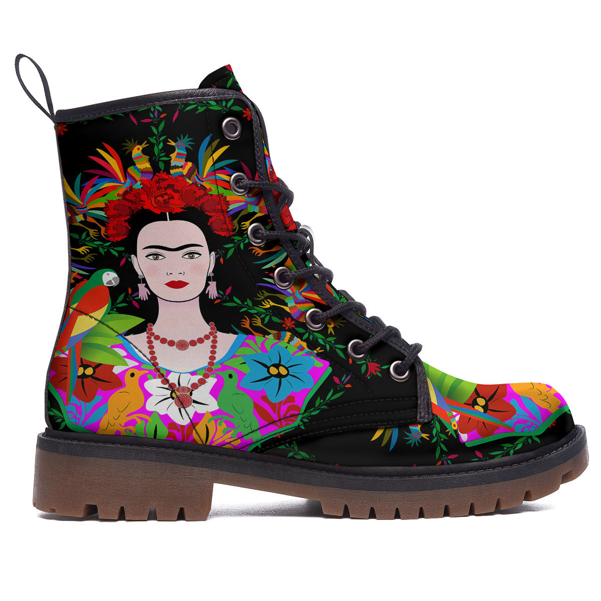 Floral And Frida Kahlo Print Work Boots-grizzshop