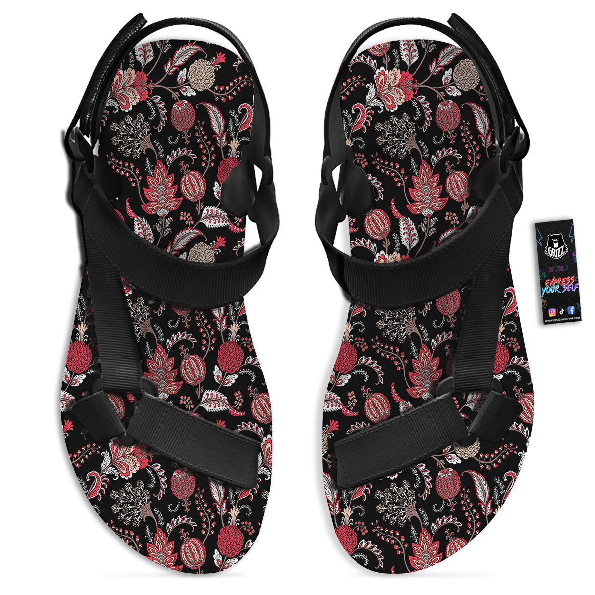 Floral And Paisley Print Pattern Black Open Toe Sandals-grizzshop