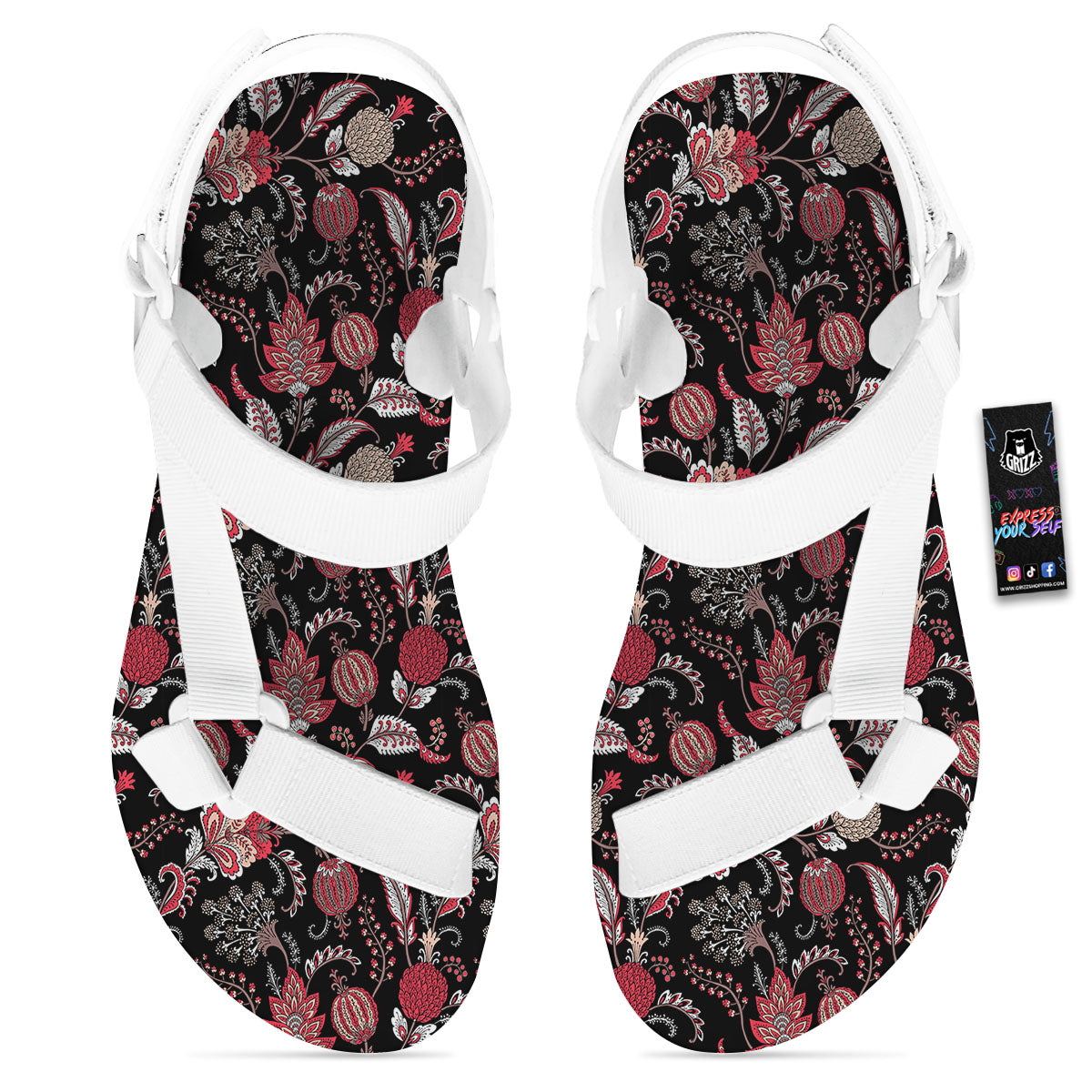 Floral And Paisley Print Pattern White Open Toe Sandals-grizzshop