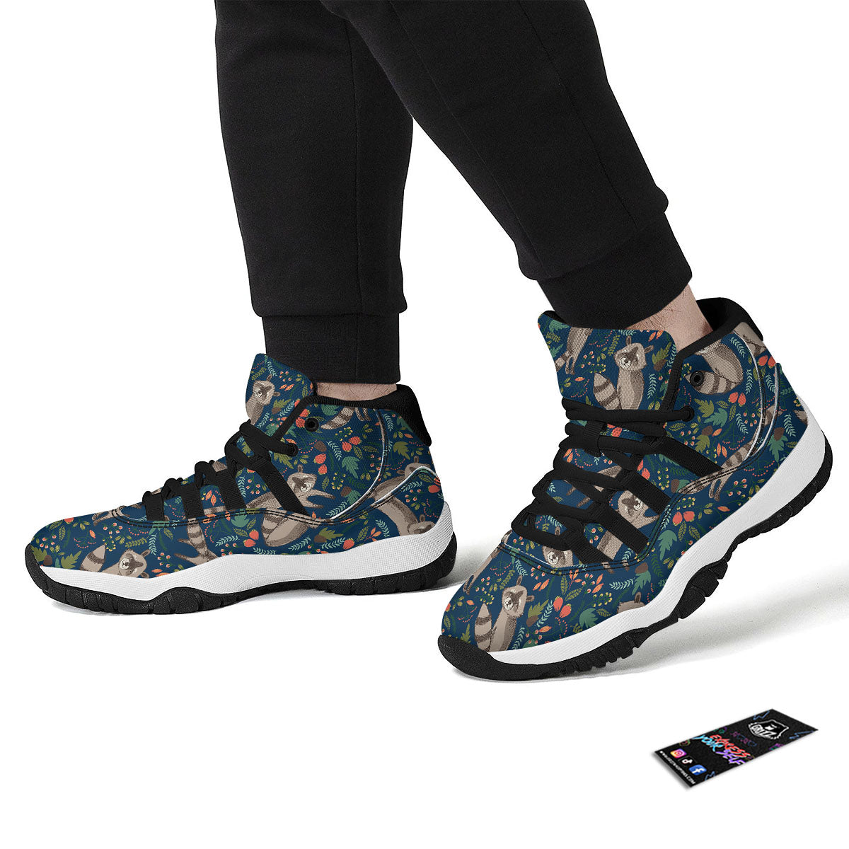 Floral And Raccoon Print Pattern Black Bball Shoes-grizzshop