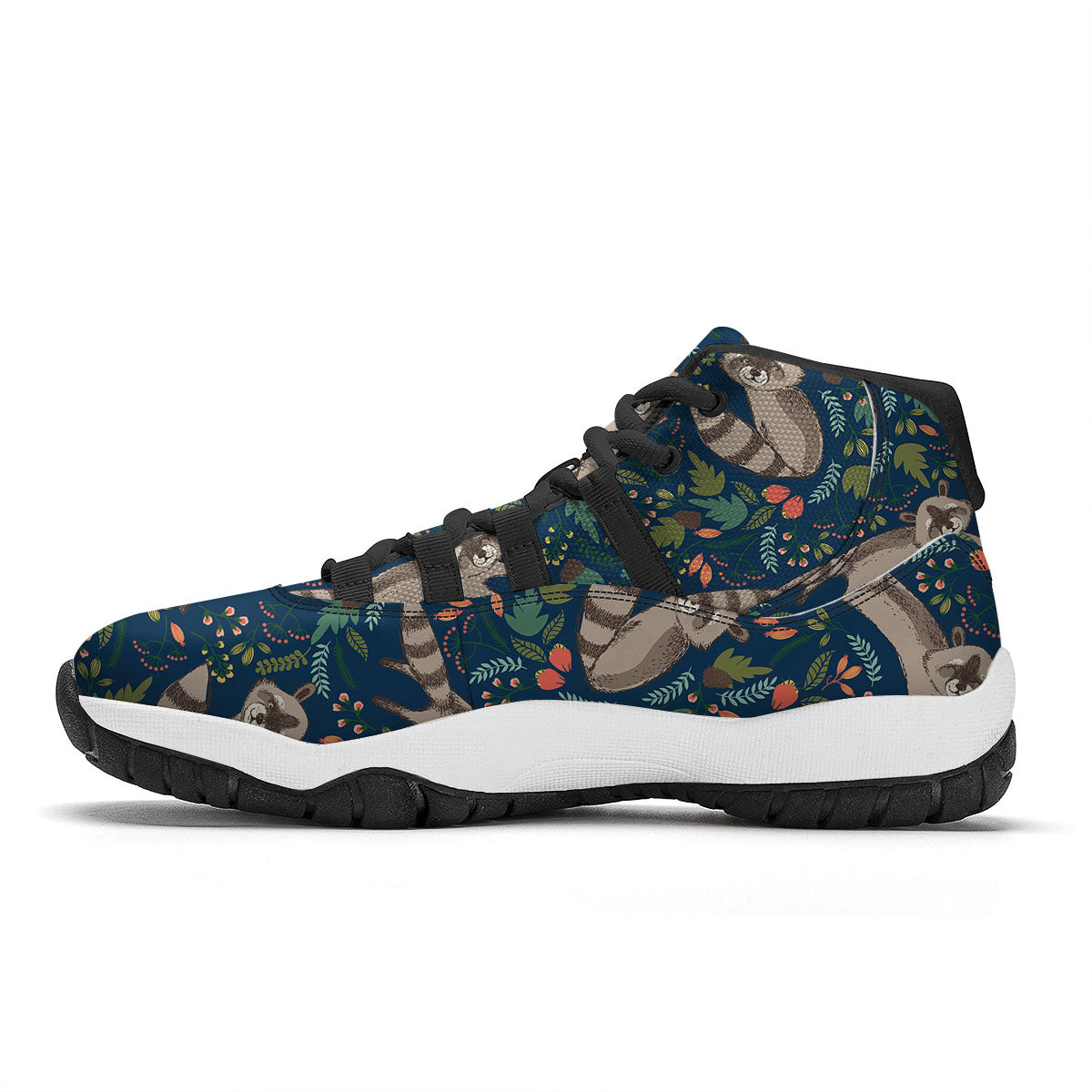 Floral And Raccoon Print Pattern Black Bball Shoes-grizzshop