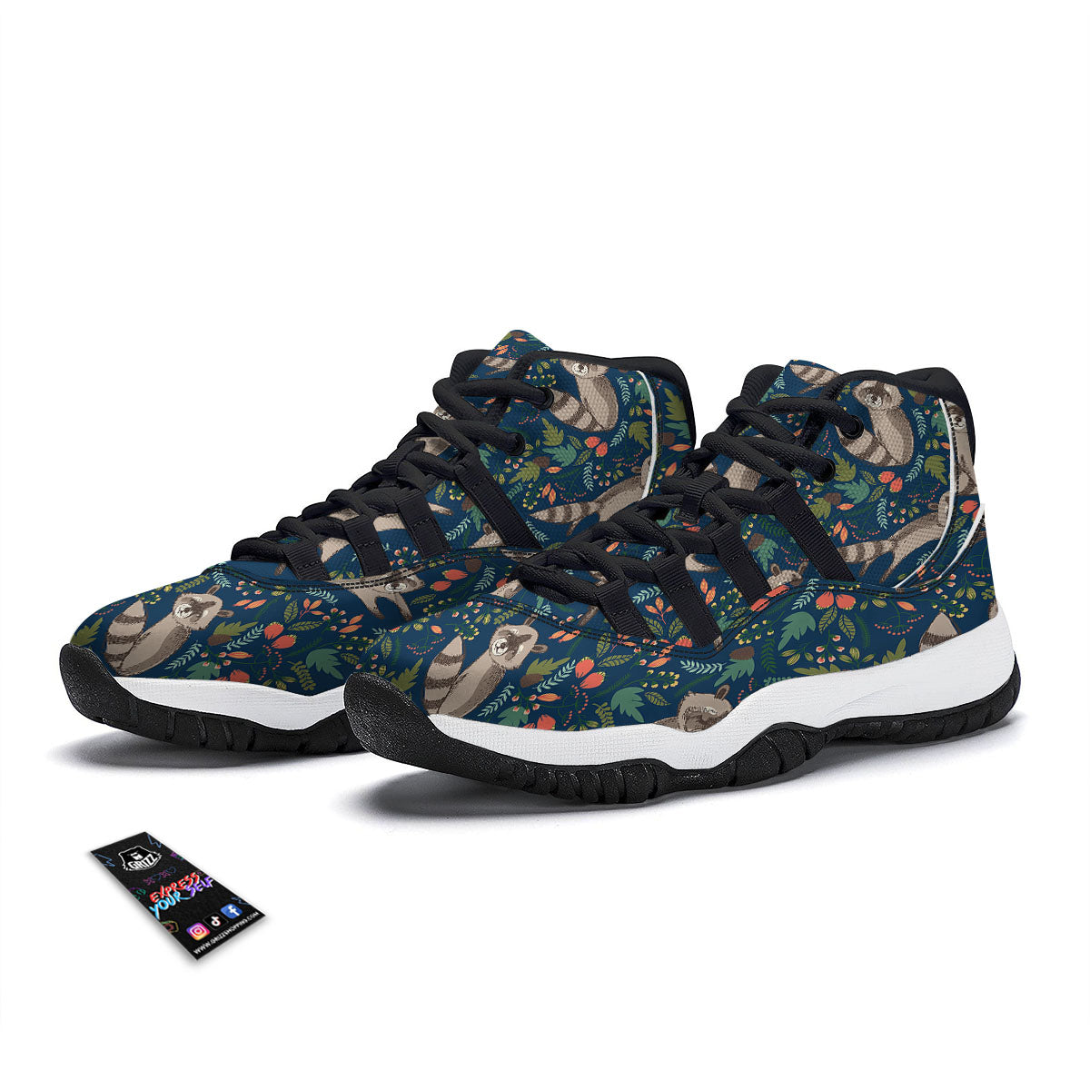 Floral And Raccoon Print Pattern Black Bball Shoes-grizzshop
