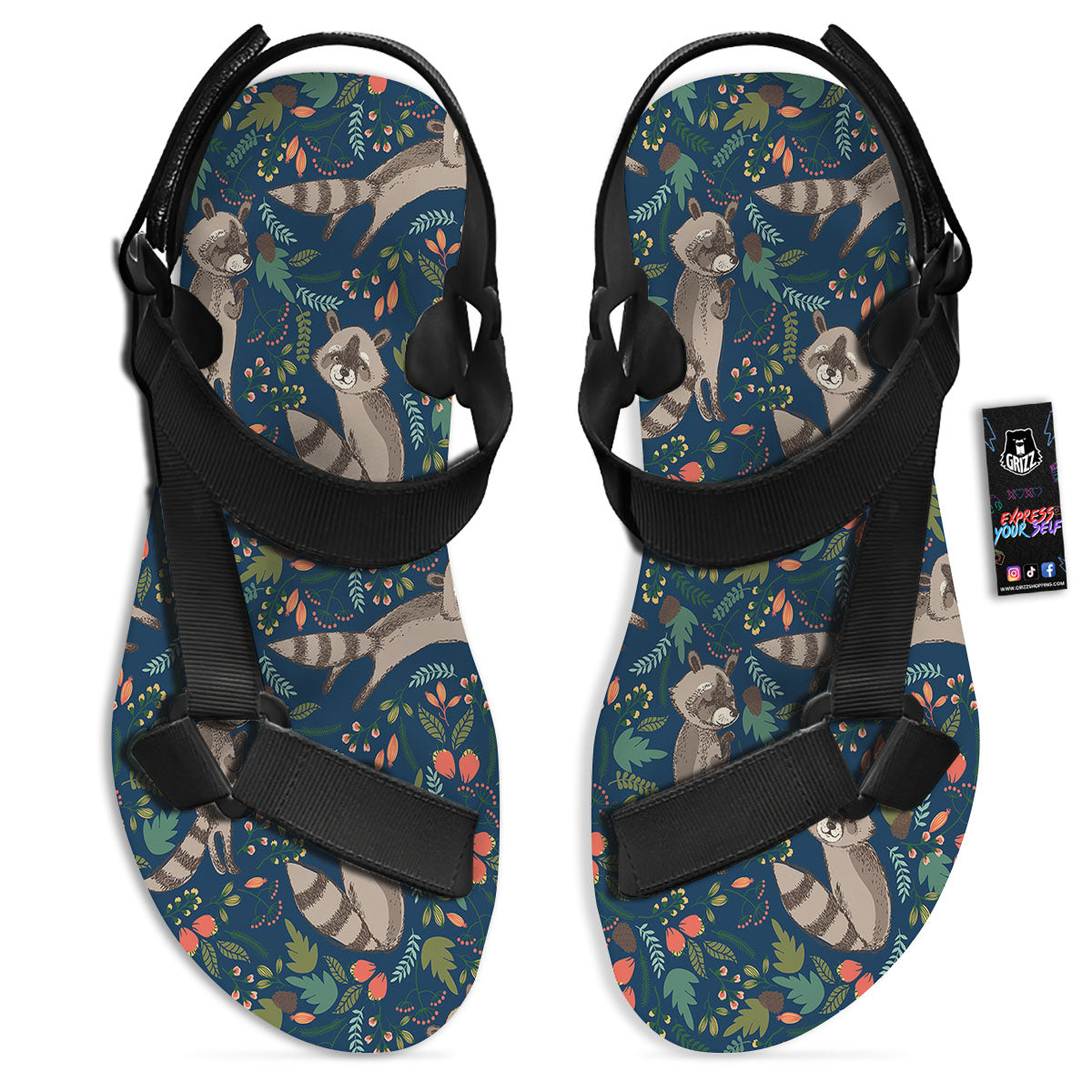 Floral And Raccoon Print Pattern Black Open Toe Sandals-grizzshop