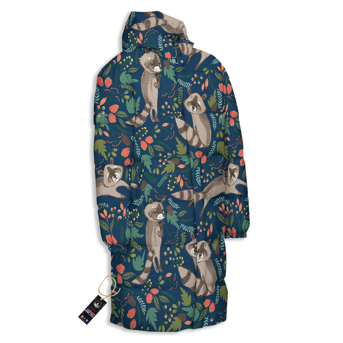 Floral And Raccoon Print Pattern Long Down Jacket-grizzshop