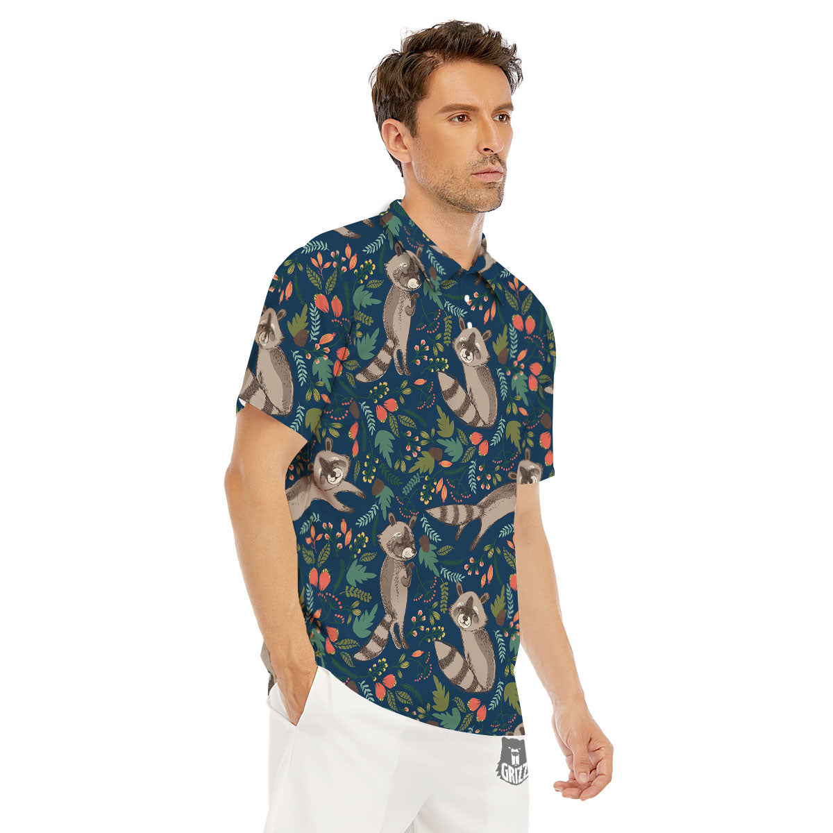 Floral And Raccoon Print Pattern Men's Golf Shirts-grizzshop