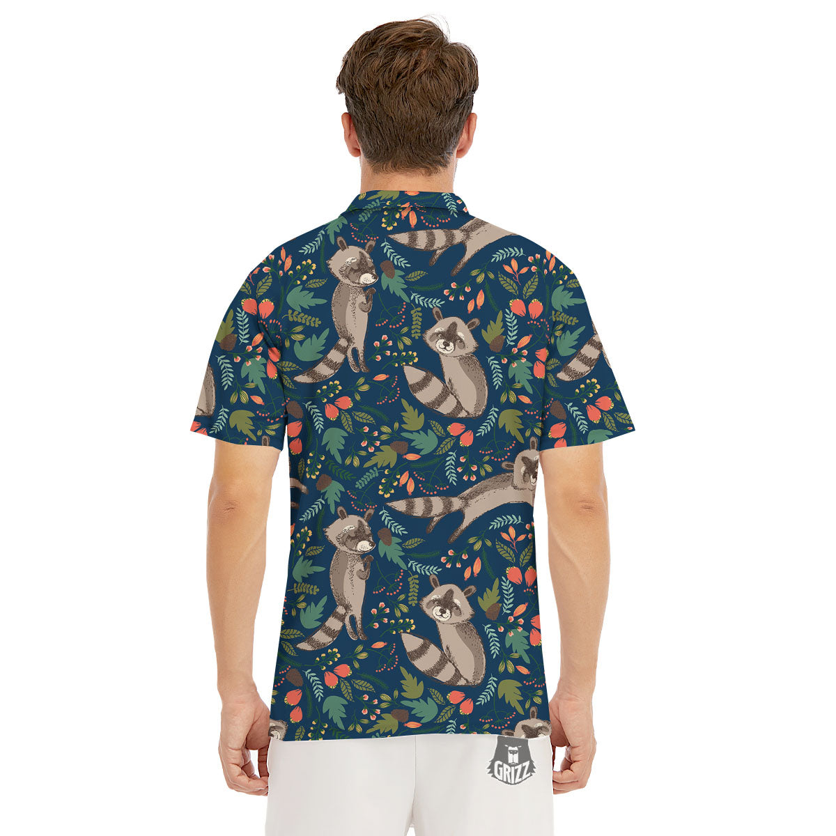 Floral And Raccoon Print Pattern Men's Golf Shirts-grizzshop