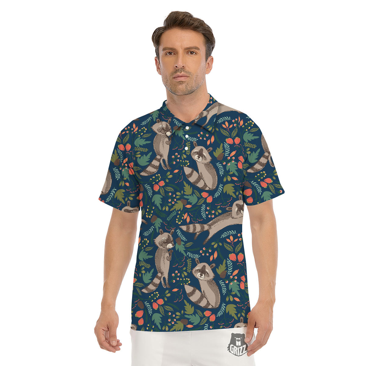 Floral And Raccoon Print Pattern Men's Golf Shirts-grizzshop