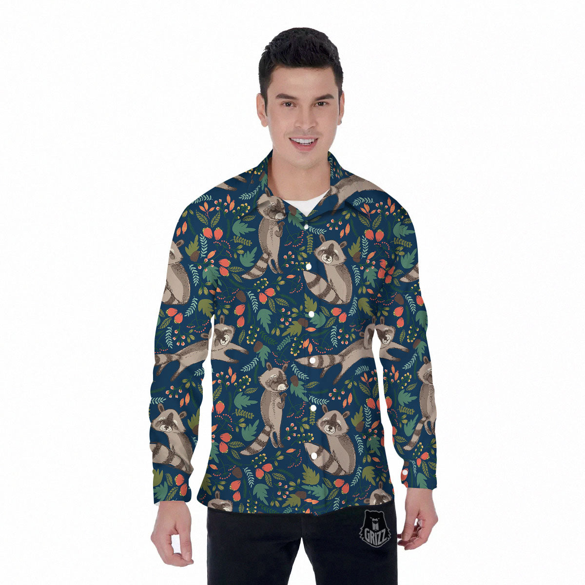 Floral And Raccoon Print Pattern Men's Long Sleeve Shirts-grizzshop
