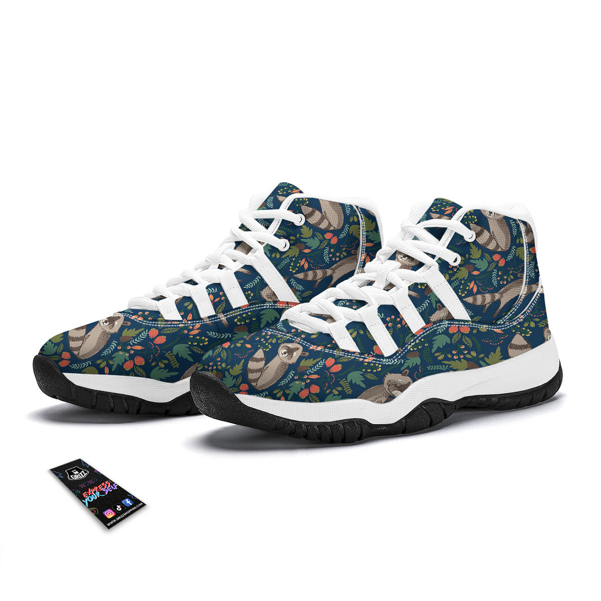 Floral And Raccoon Print Pattern White Bball Shoes-grizzshop