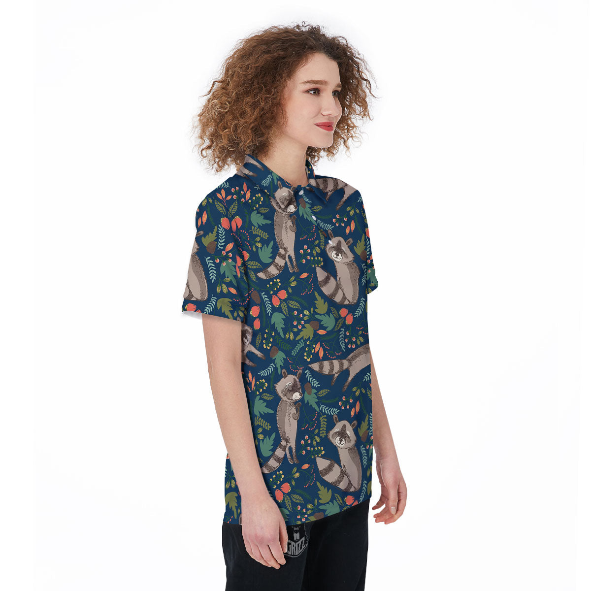 Floral And Raccoon Print Pattern Women's Golf Shirts-grizzshop