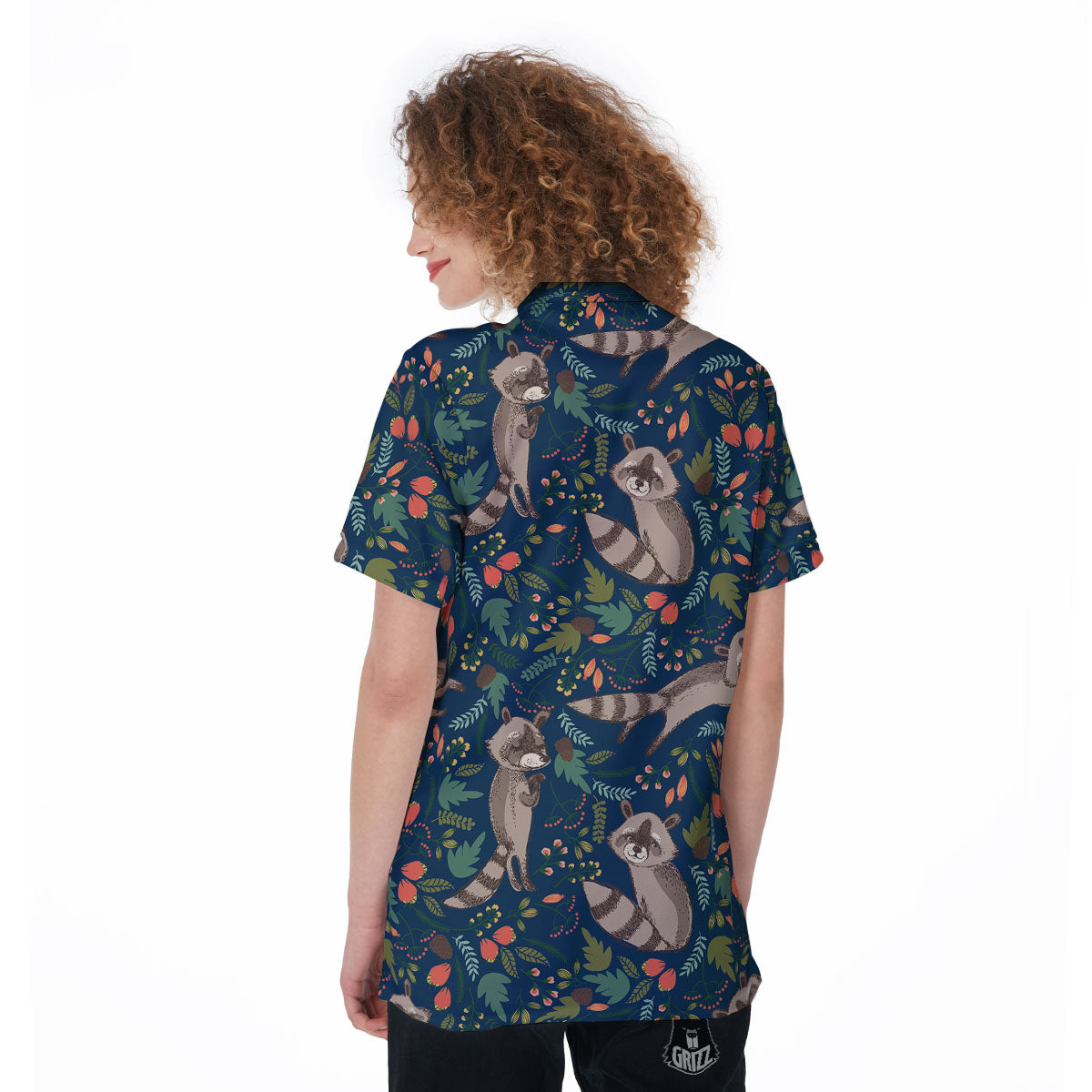Floral And Raccoon Print Pattern Women's Golf Shirts-grizzshop