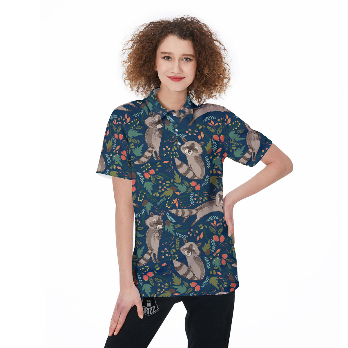 Floral And Raccoon Print Pattern Women's Golf Shirts-grizzshop