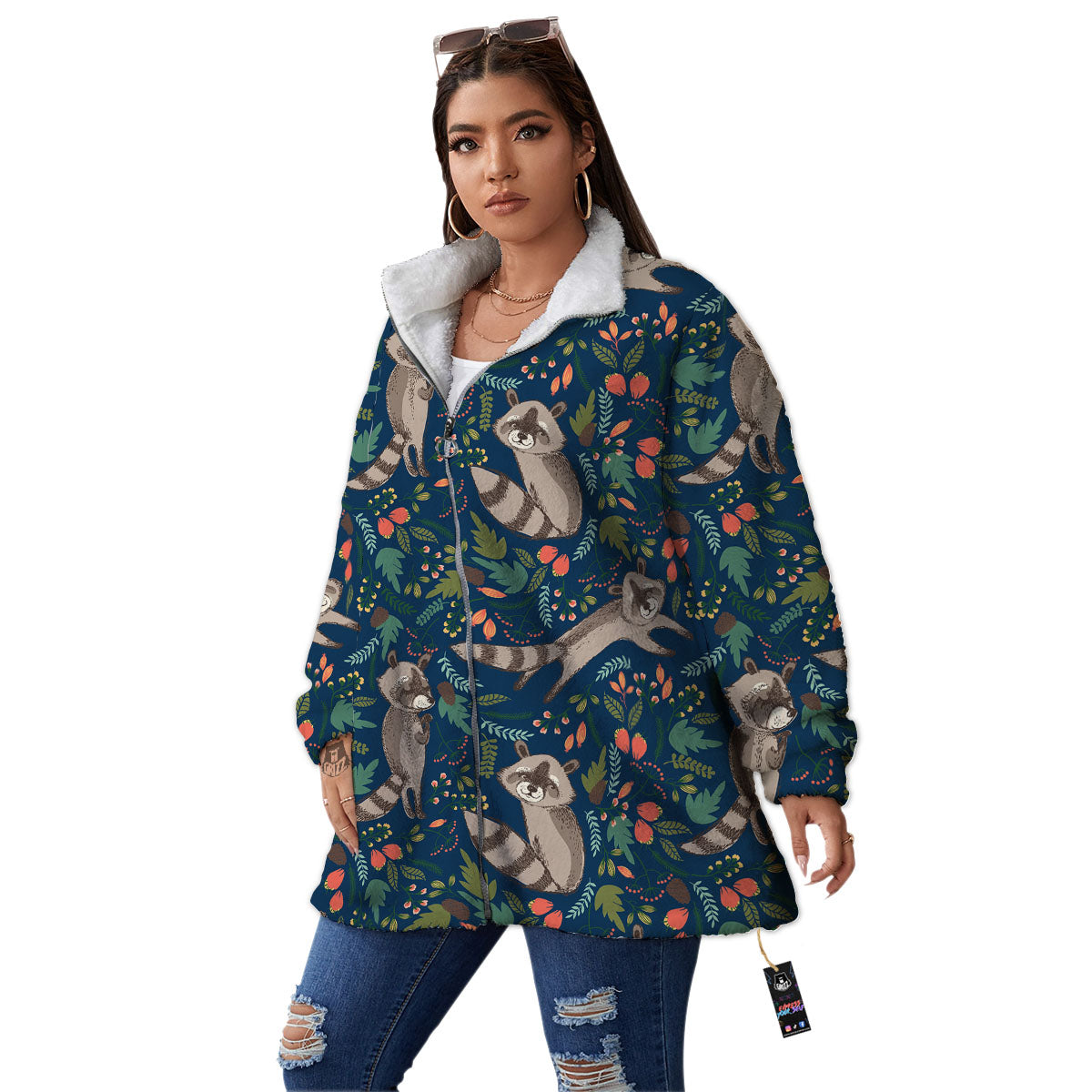 Floral And Raccoon Print Pattern Women's Sherpa Jacket-grizzshop