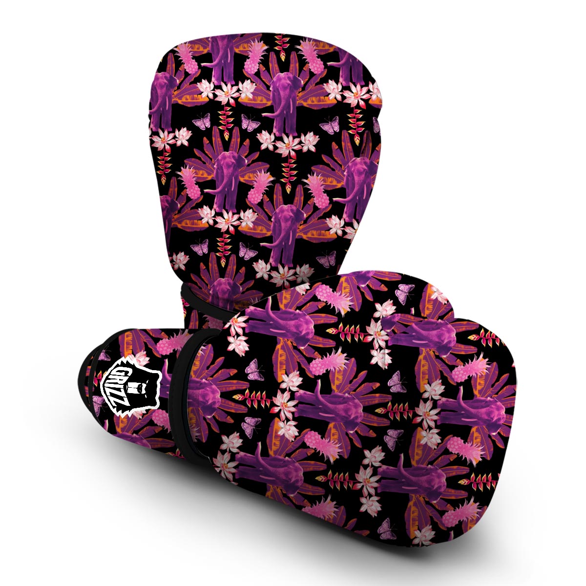 Floral Banana Leaves Elephant Print Boxing Gloves-grizzshop