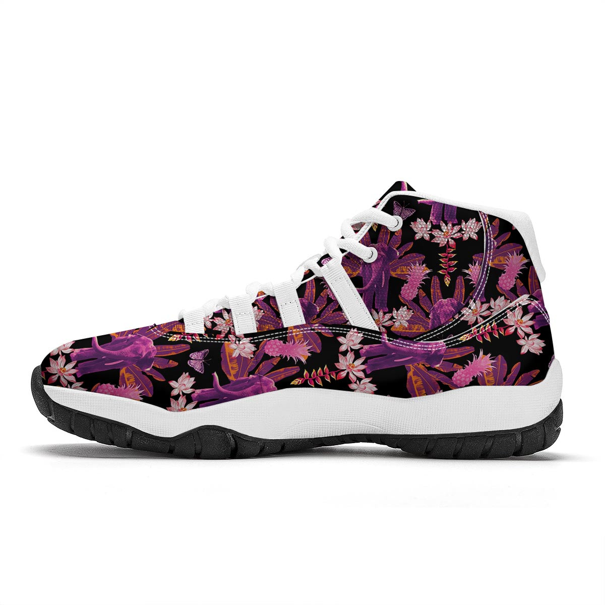 Floral Banana Leaves Elephant Print White Bball Shoes-grizzshop