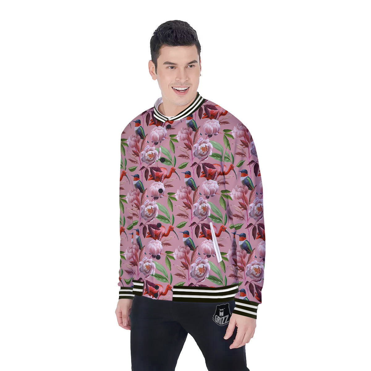 Floral Bird Pink Print Pattern Baseball Jacket-grizzshop