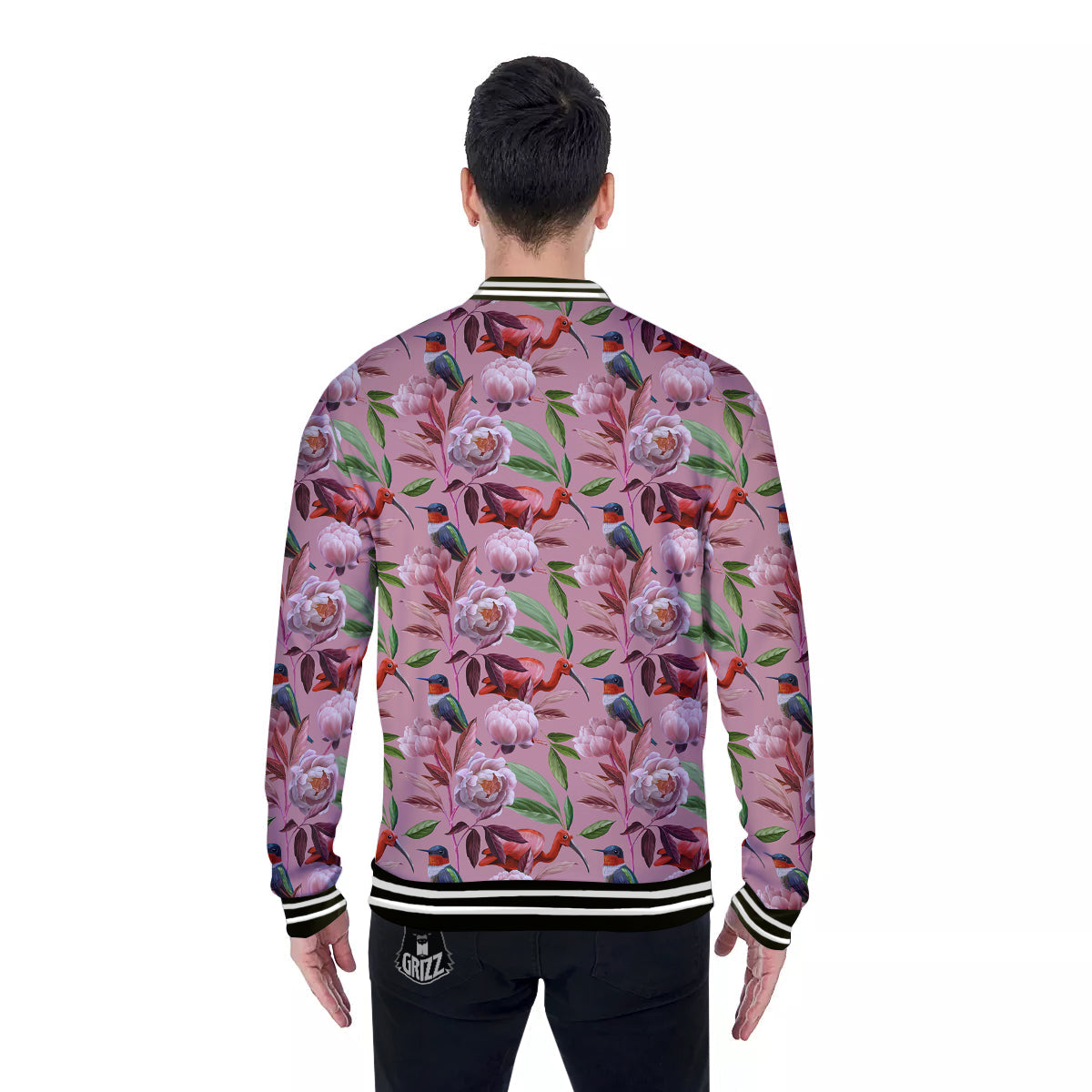 Floral Bird Pink Print Pattern Baseball Jacket-grizzshop