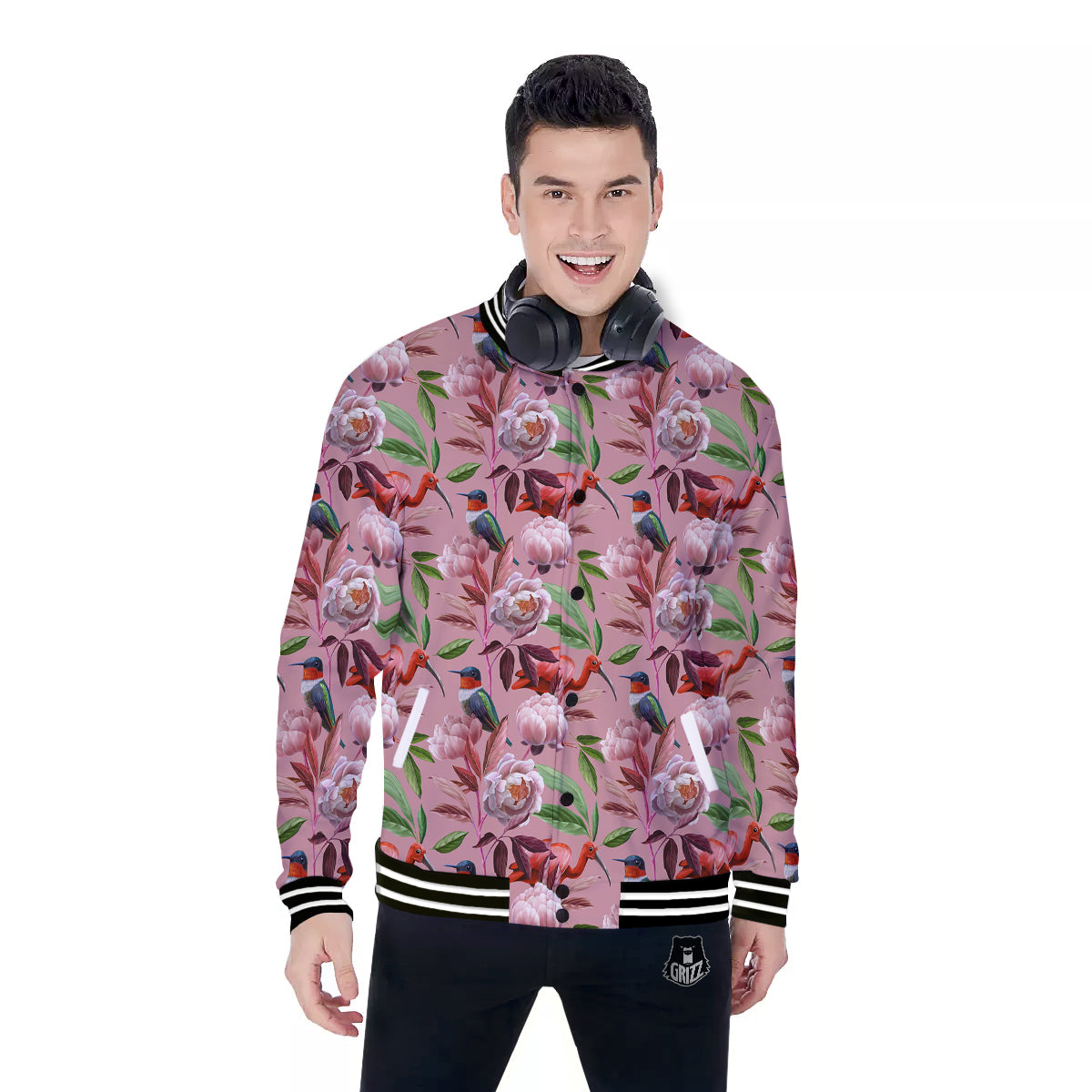 Floral Bird Pink Print Pattern Baseball Jacket-grizzshop