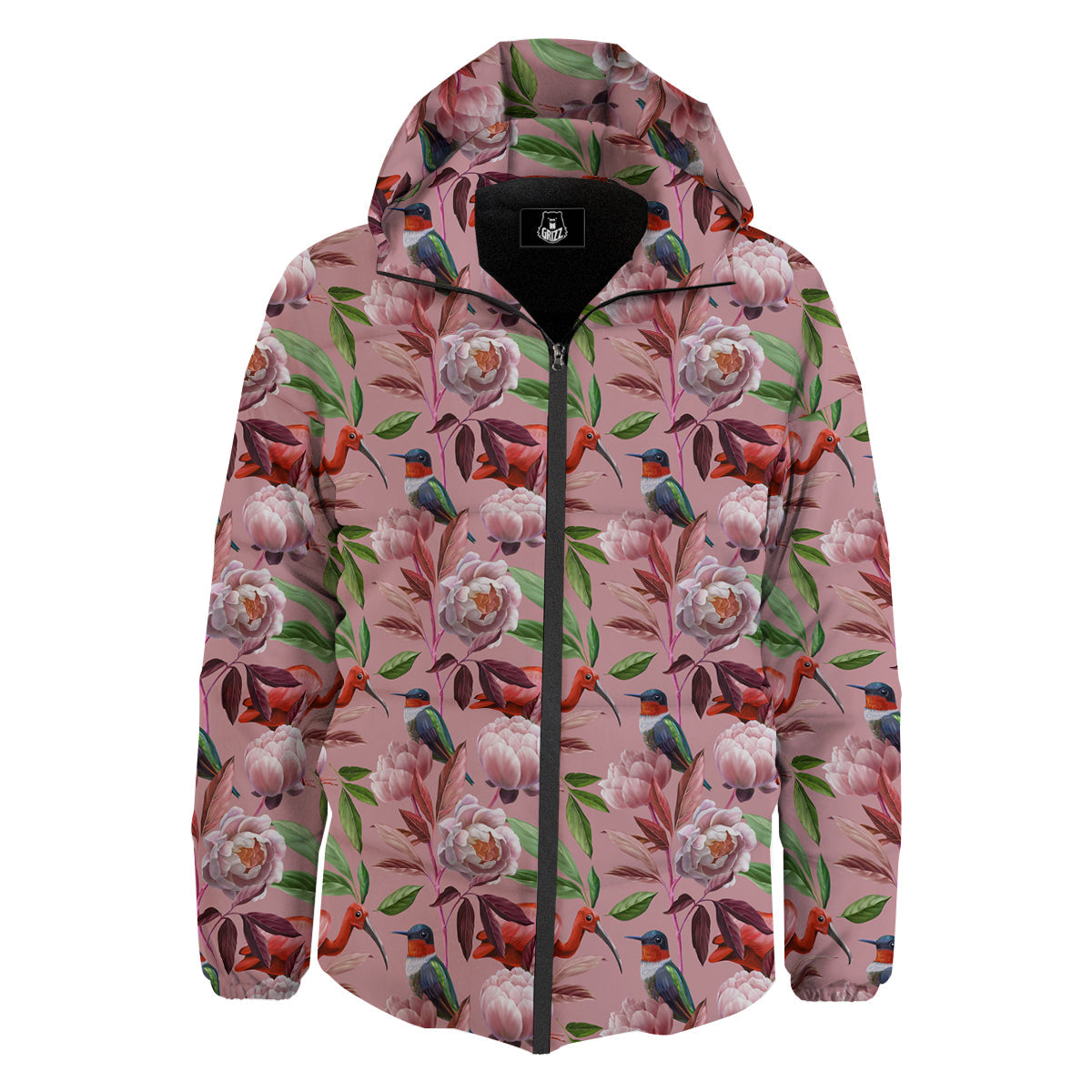 Floral Bird Pink Print Pattern Down Jacket-grizzshop
