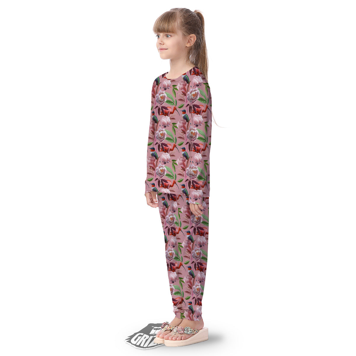 Floral Bird Pink Print Pattern Kid's Pajamas-grizzshop