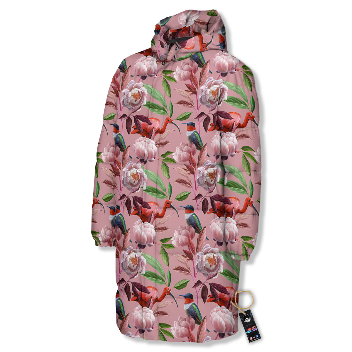 Floral Bird Pink Print Pattern Long Down Jacket-grizzshop