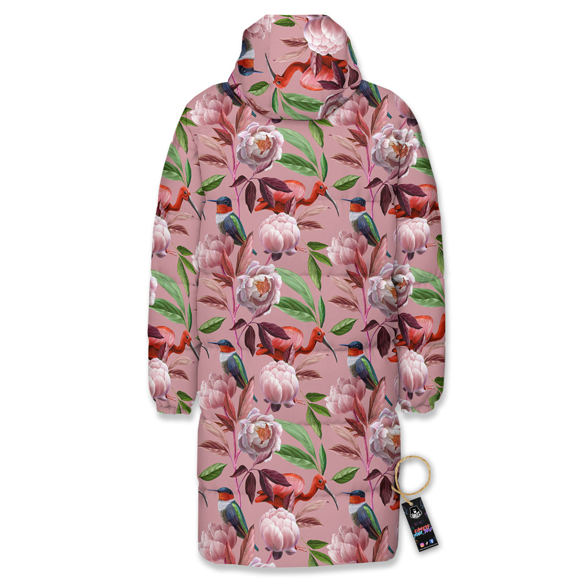 Floral Bird Pink Print Pattern Long Down Jacket-grizzshop