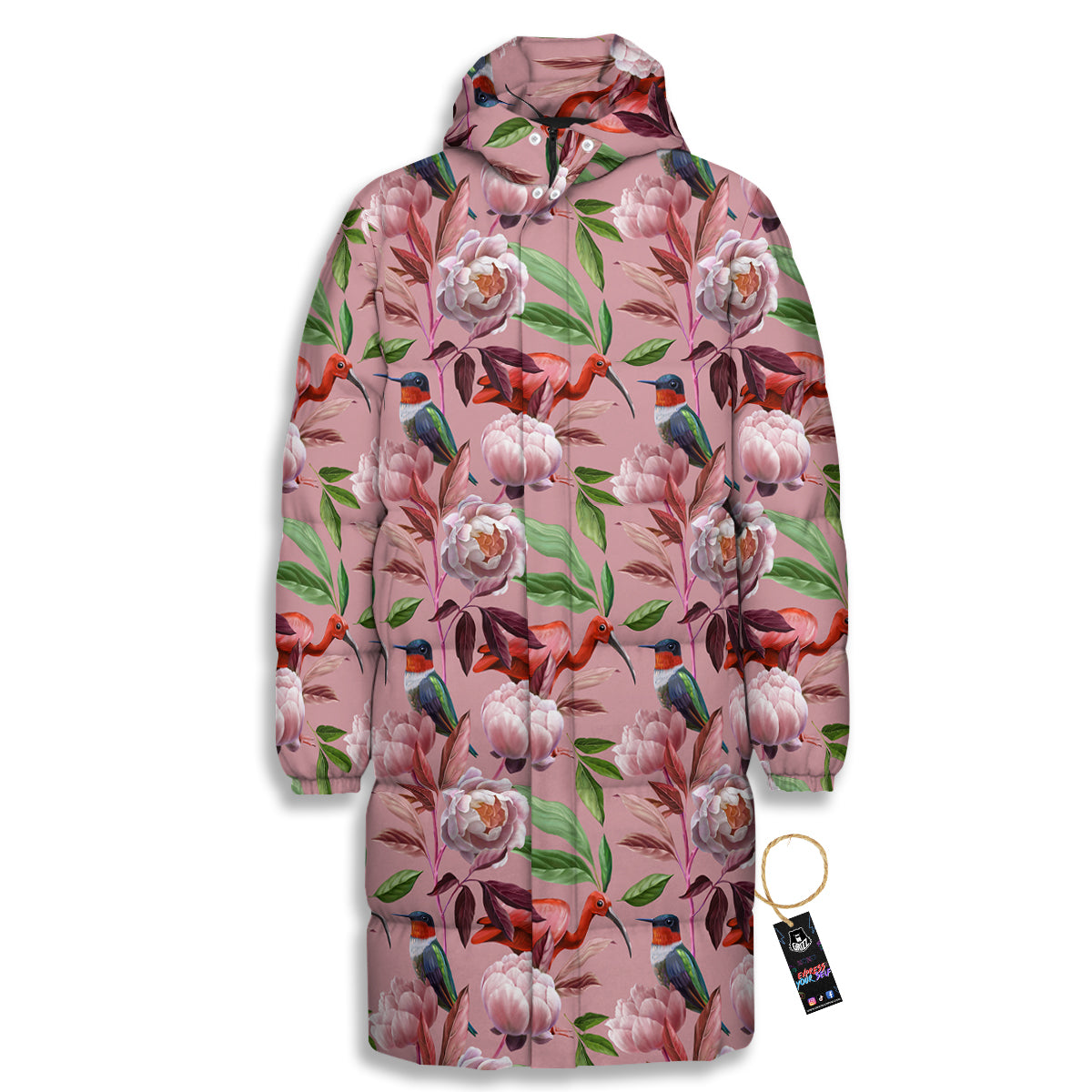 Floral Bird Pink Print Pattern Long Down Jacket-grizzshop
