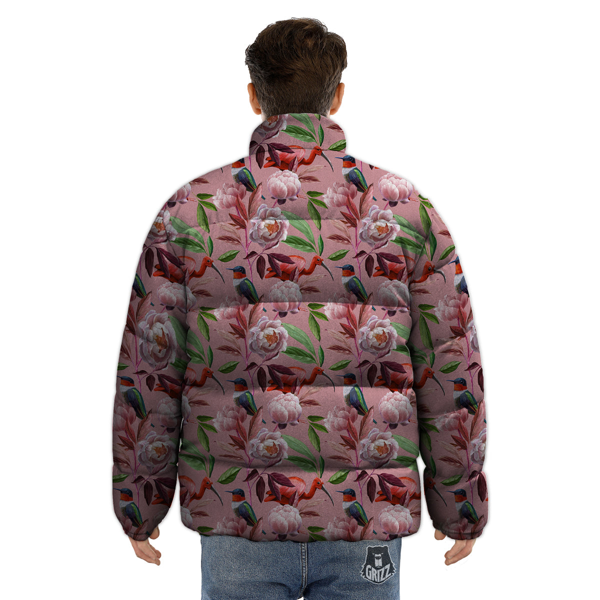 Floral Bird Pink Print Pattern Puffer Jacket-grizzshop