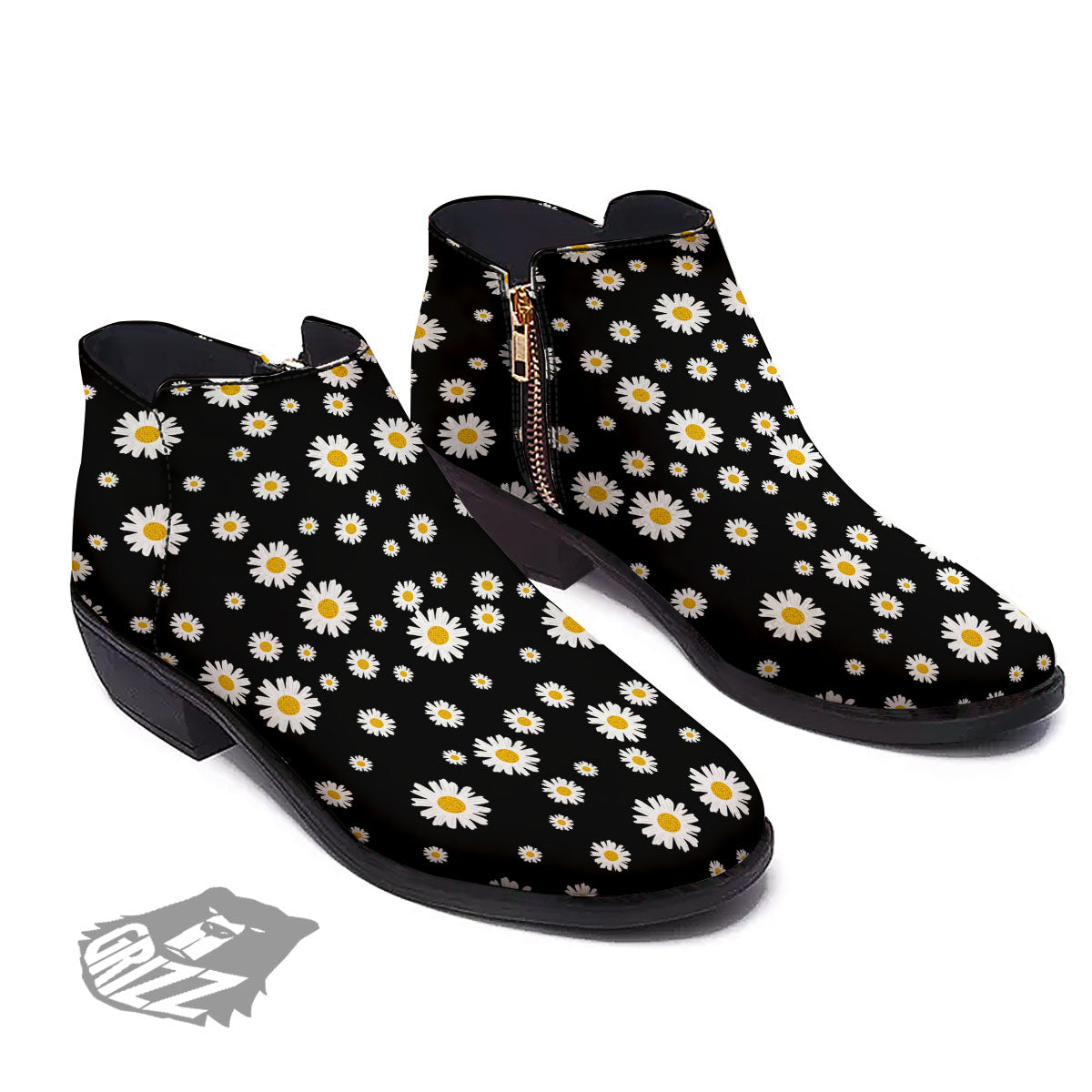 Floral Black Daisy Print Pattern Ankle Boots-grizzshop