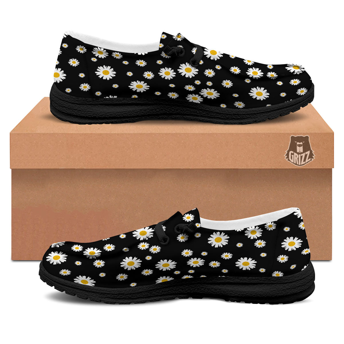 Floral Black Daisy Print Pattern Black Loafers-grizzshop