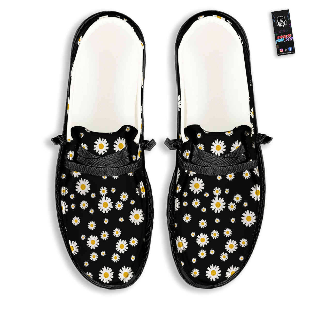 Floral Black Daisy Print Pattern Black Loafers-grizzshop