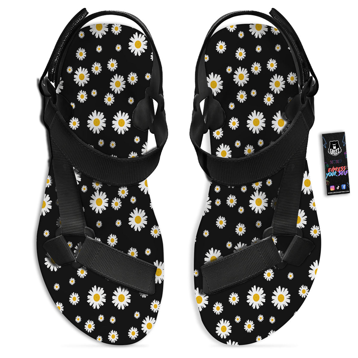 Floral Black Daisy Print Pattern Black Open Toe Sandals-grizzshop