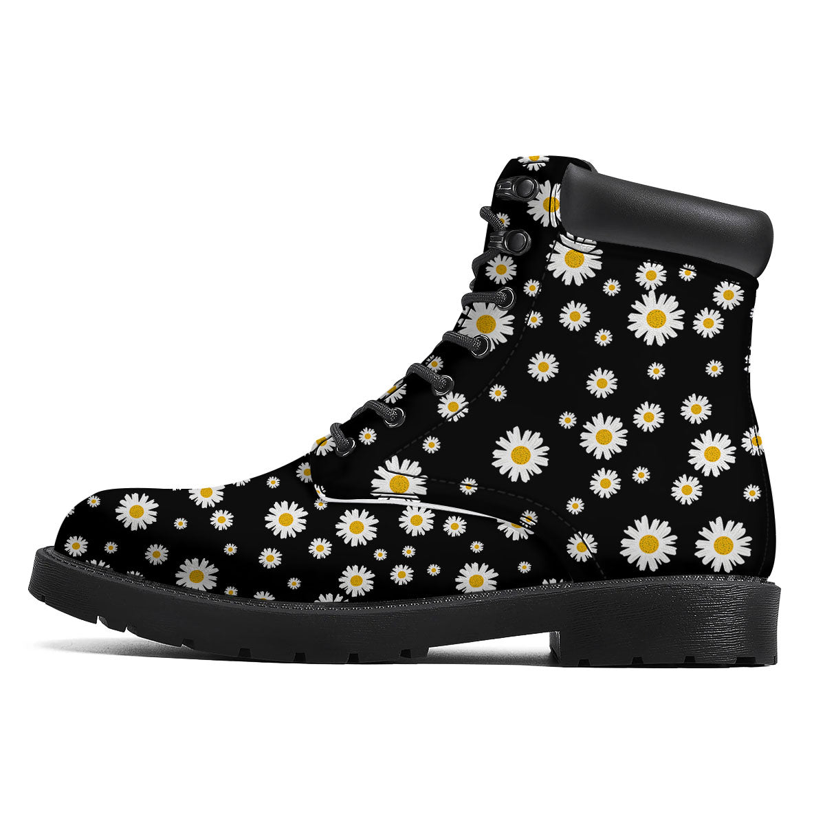 Floral Black Daisy Print Pattern Boots-grizzshop