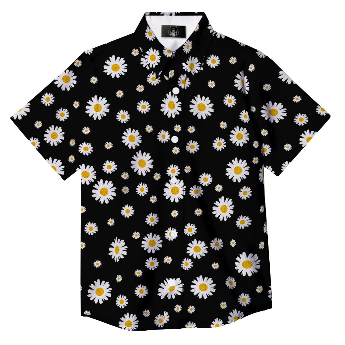 Floral Black Daisy Print Pattern Button Up Shirt-grizzshop