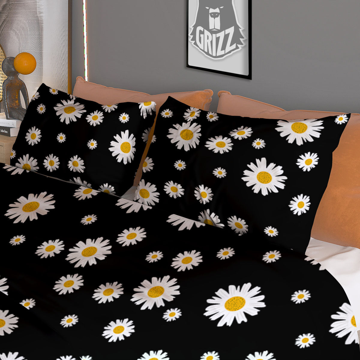 Floral Black Daisy Print Pattern Duvet Cover Bedding Set