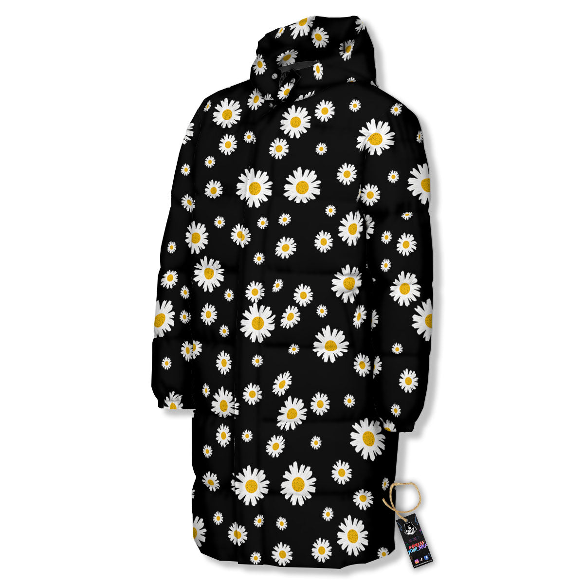Floral Black Daisy Print Pattern Long Down Jacket-grizzshop