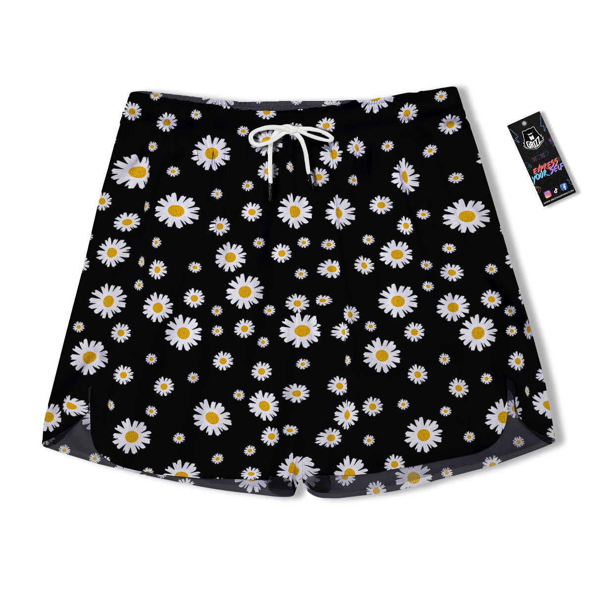 Floral Black Daisy Print Pattern Men's Running Shorts-grizzshop