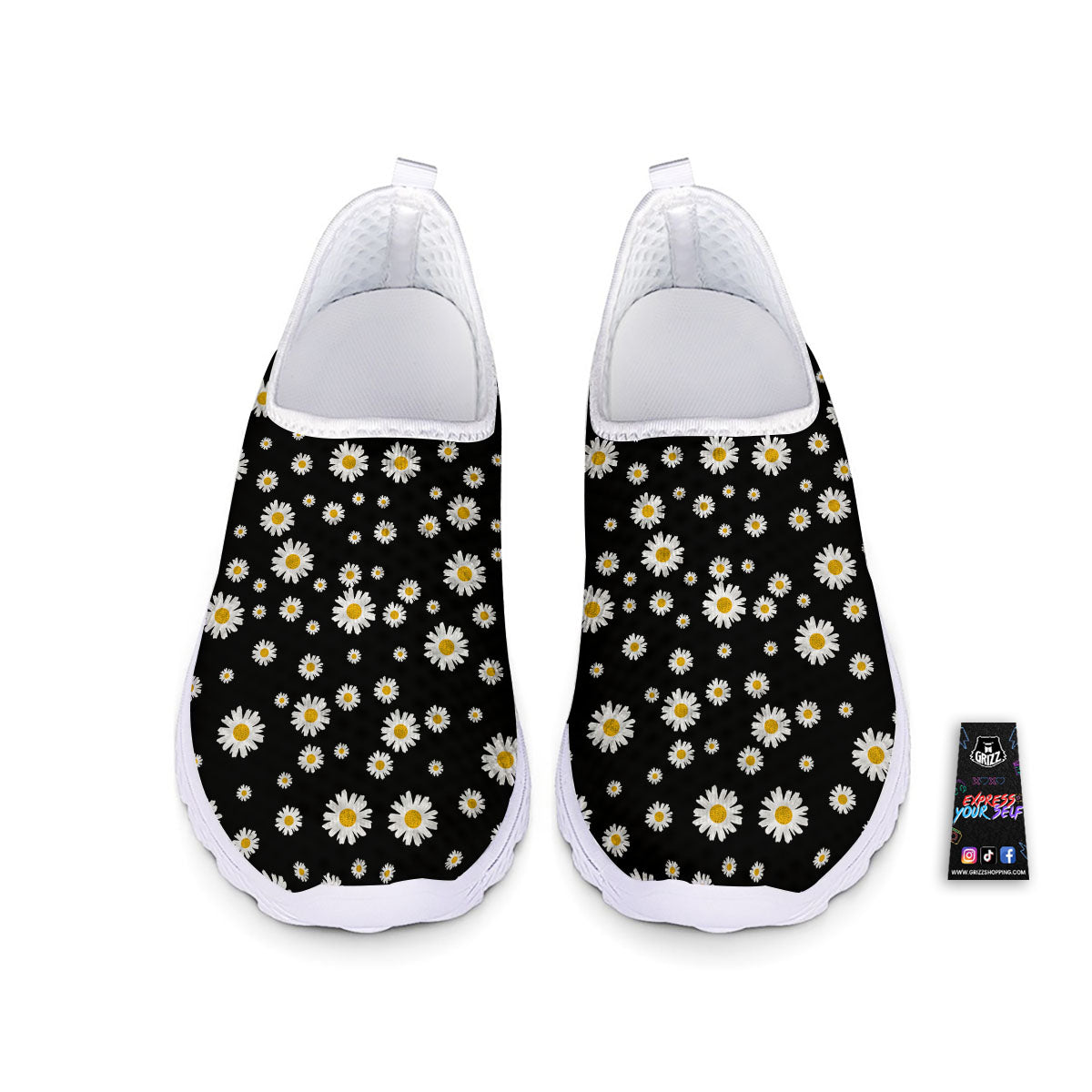 Floral Black Daisy Print Pattern Nurse Shoes-grizzshop