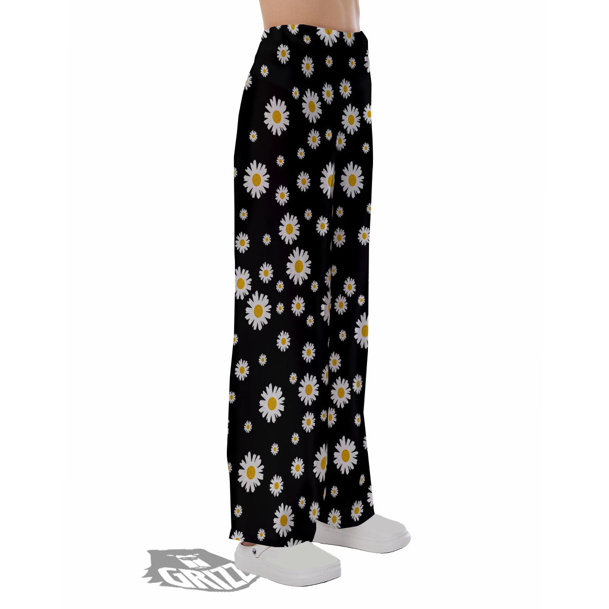 Floral Black Daisy Print Pattern Pajama Pants-grizzshop