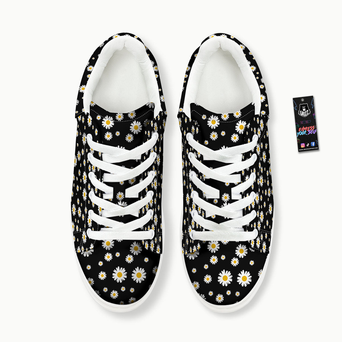 Floral Black Daisy Print Pattern Platform Shoes-grizzshop