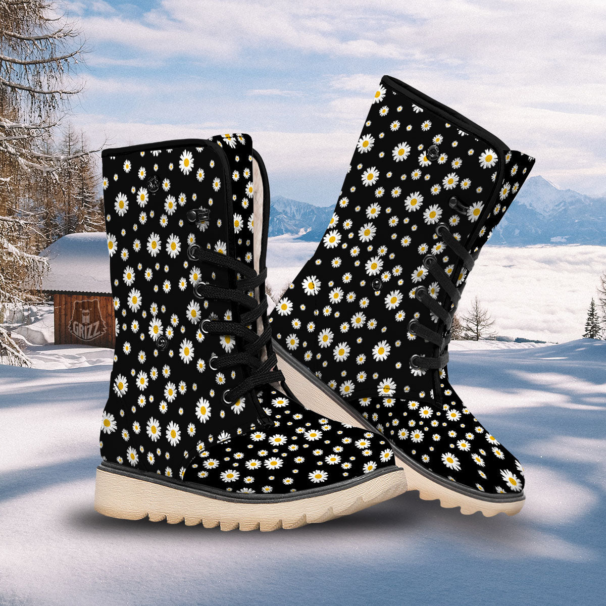 Floral Black Daisy Print Pattern Snow Boots-grizzshop