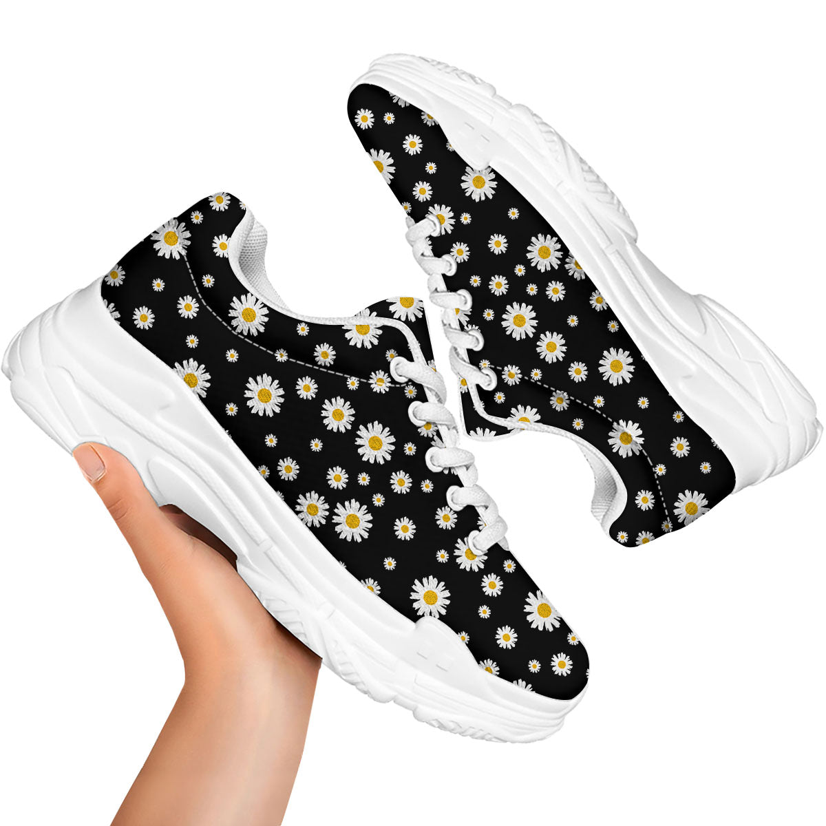 Floral Black Daisy Print Pattern White Chunky Shoes-grizzshop