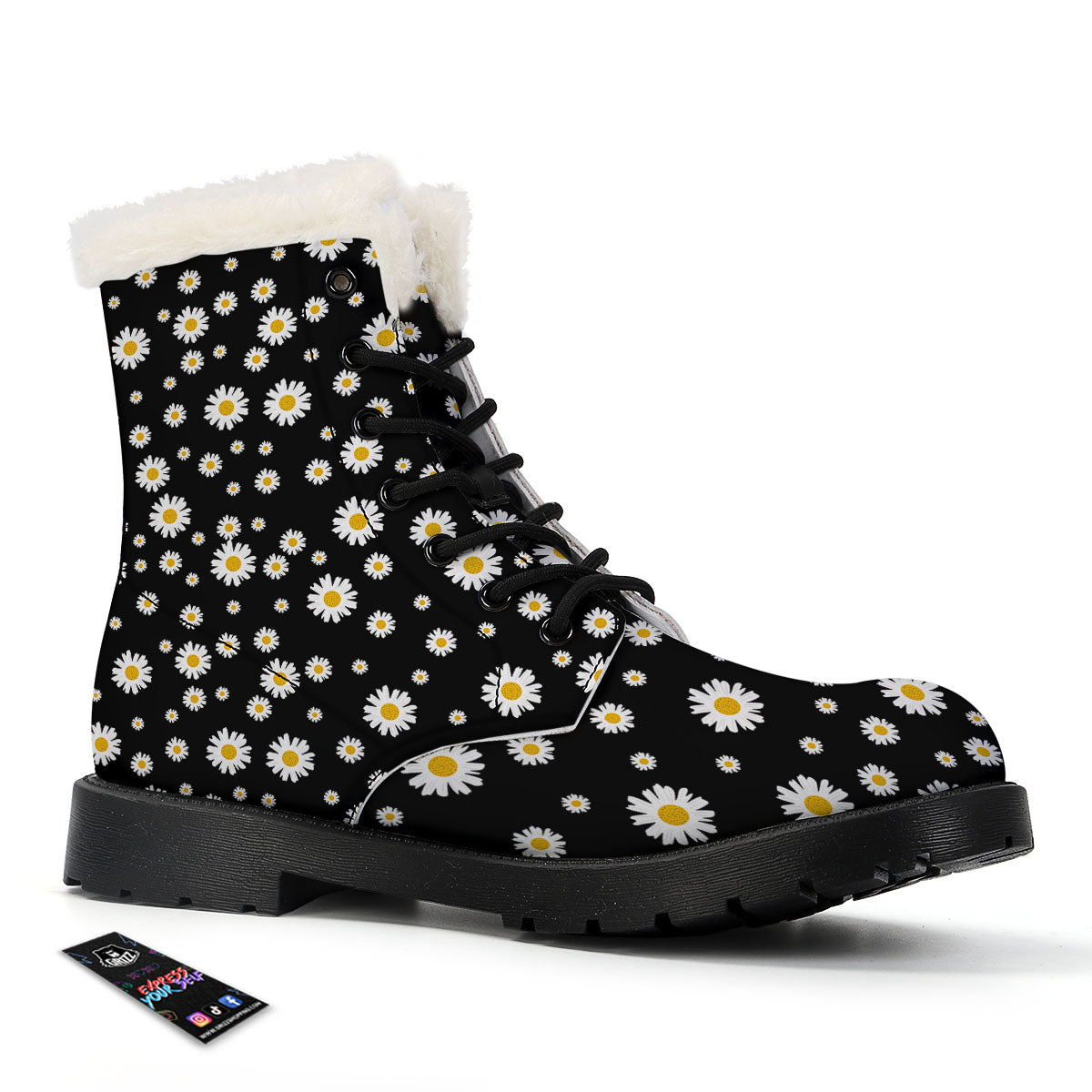 Floral Black Daisy Print Pattern Winter Boots-grizzshop