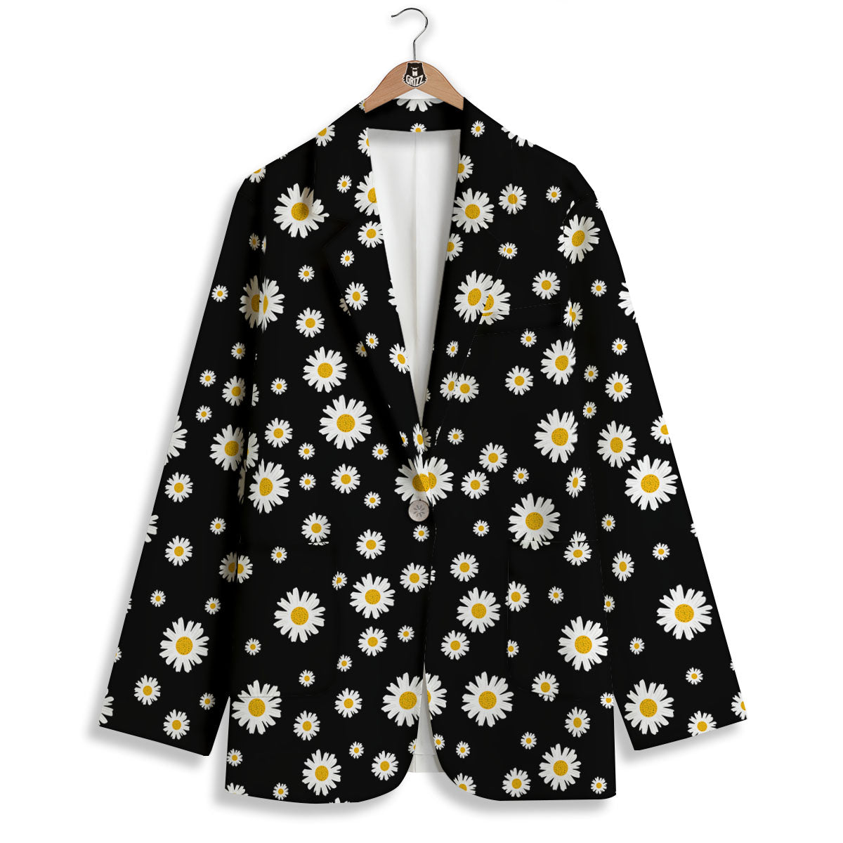 Floral Black Daisy Print Pattern Women's Blazer-grizzshop