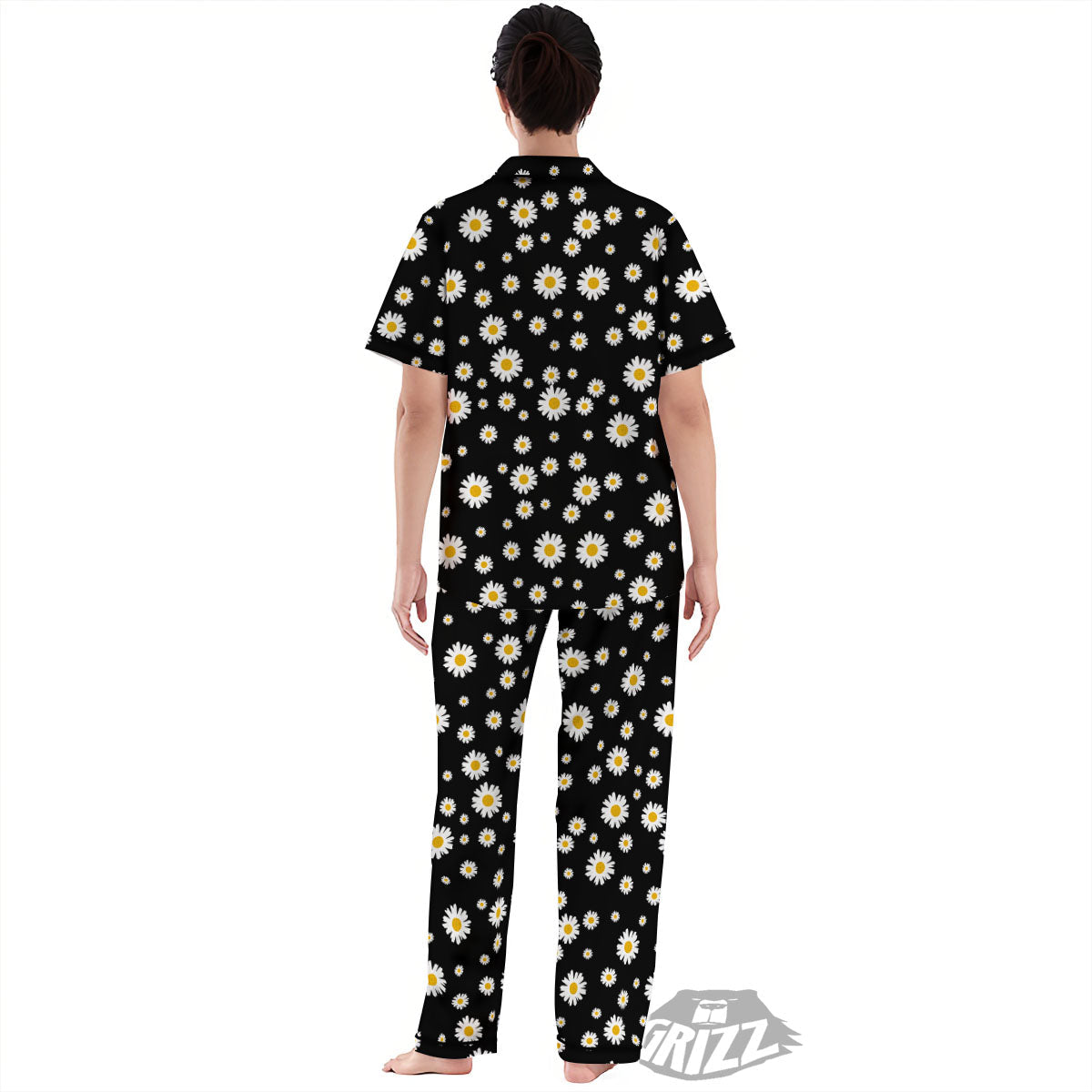 Floral Black Daisy Print Pattern Women's Pajamas Set-grizzshop