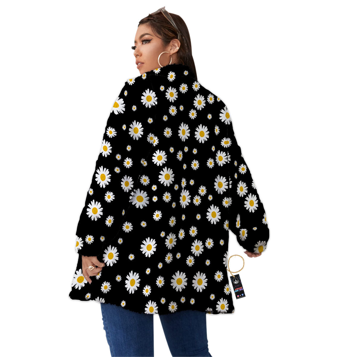 Floral Black Daisy Print Pattern Women's Sherpa Jacket-grizzshop