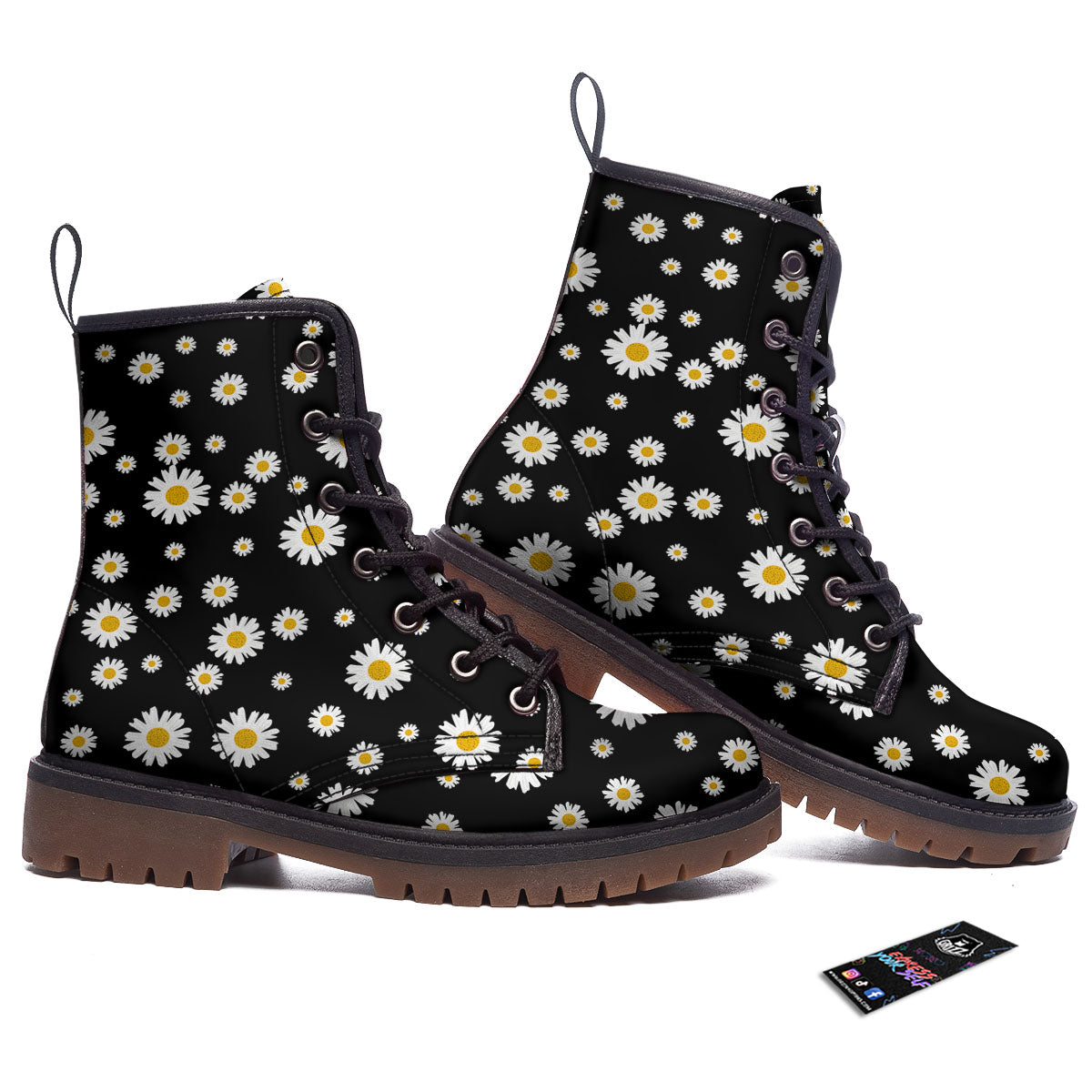 Floral Black Daisy Print Pattern Work Boots-grizzshop