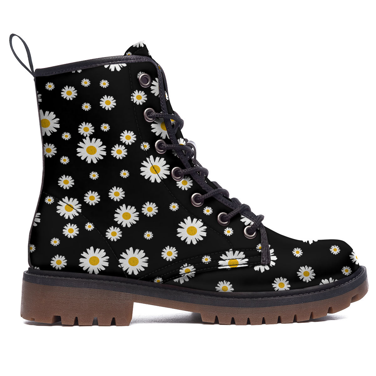 Floral Black Daisy Print Pattern Work Boots-grizzshop