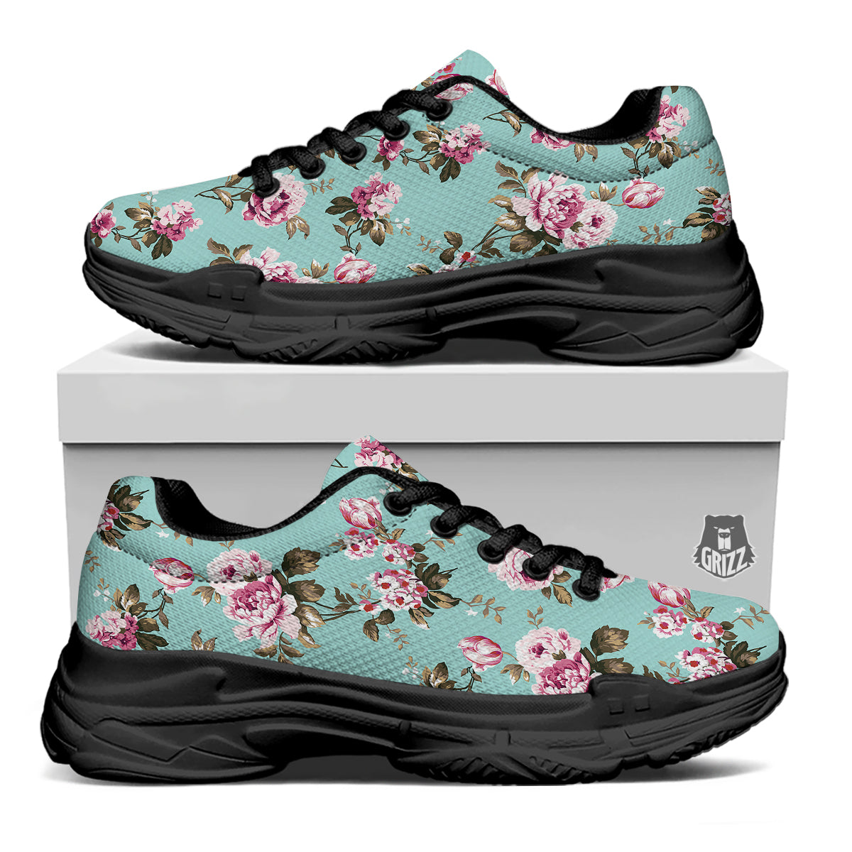 Floral Blossom Vintage Print Pattern Black Chunky Shoes-grizzshop